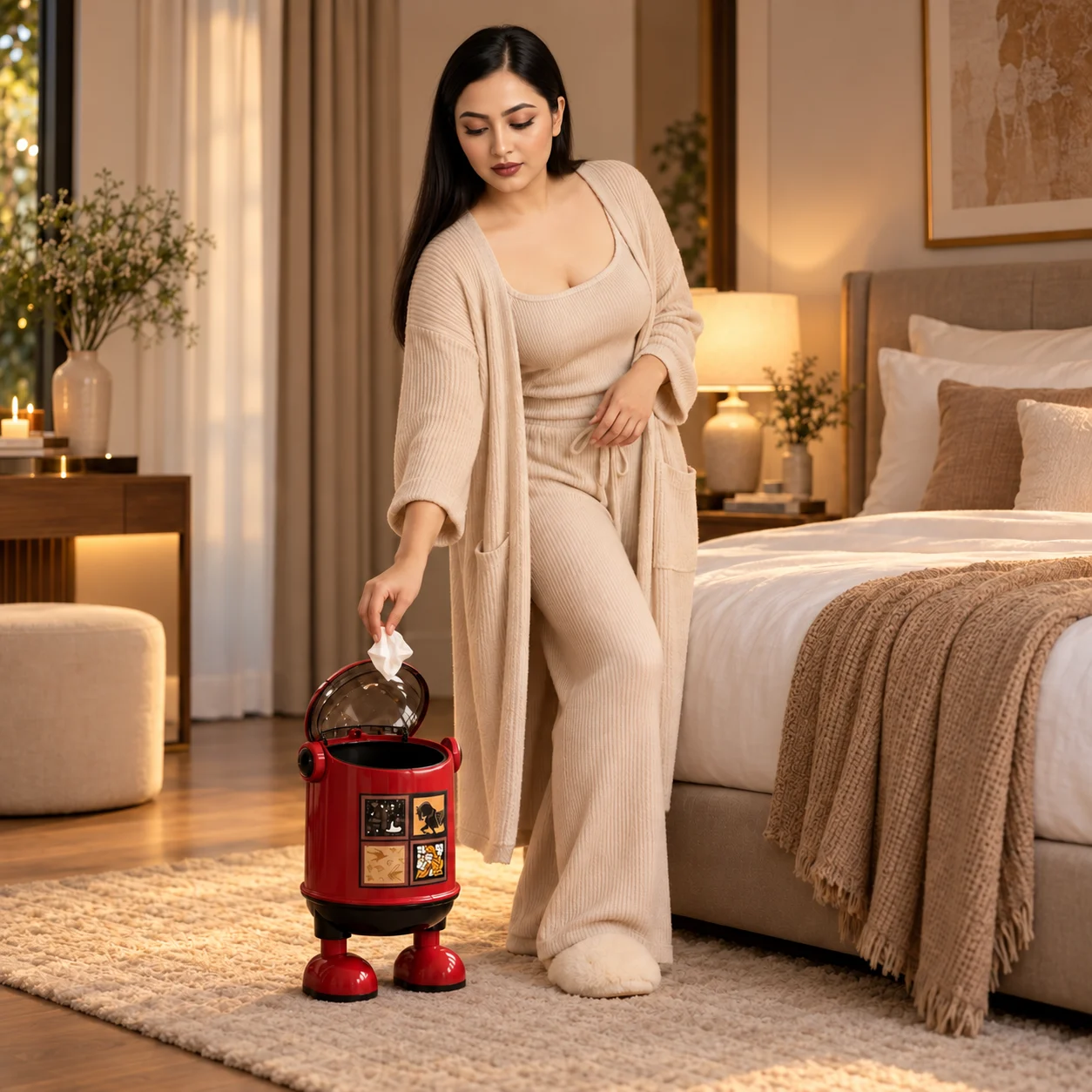 বেডরুমে লাল RoboBin — এক হাতে ঢাকনা খুলে টিস্যু ফেলছেন