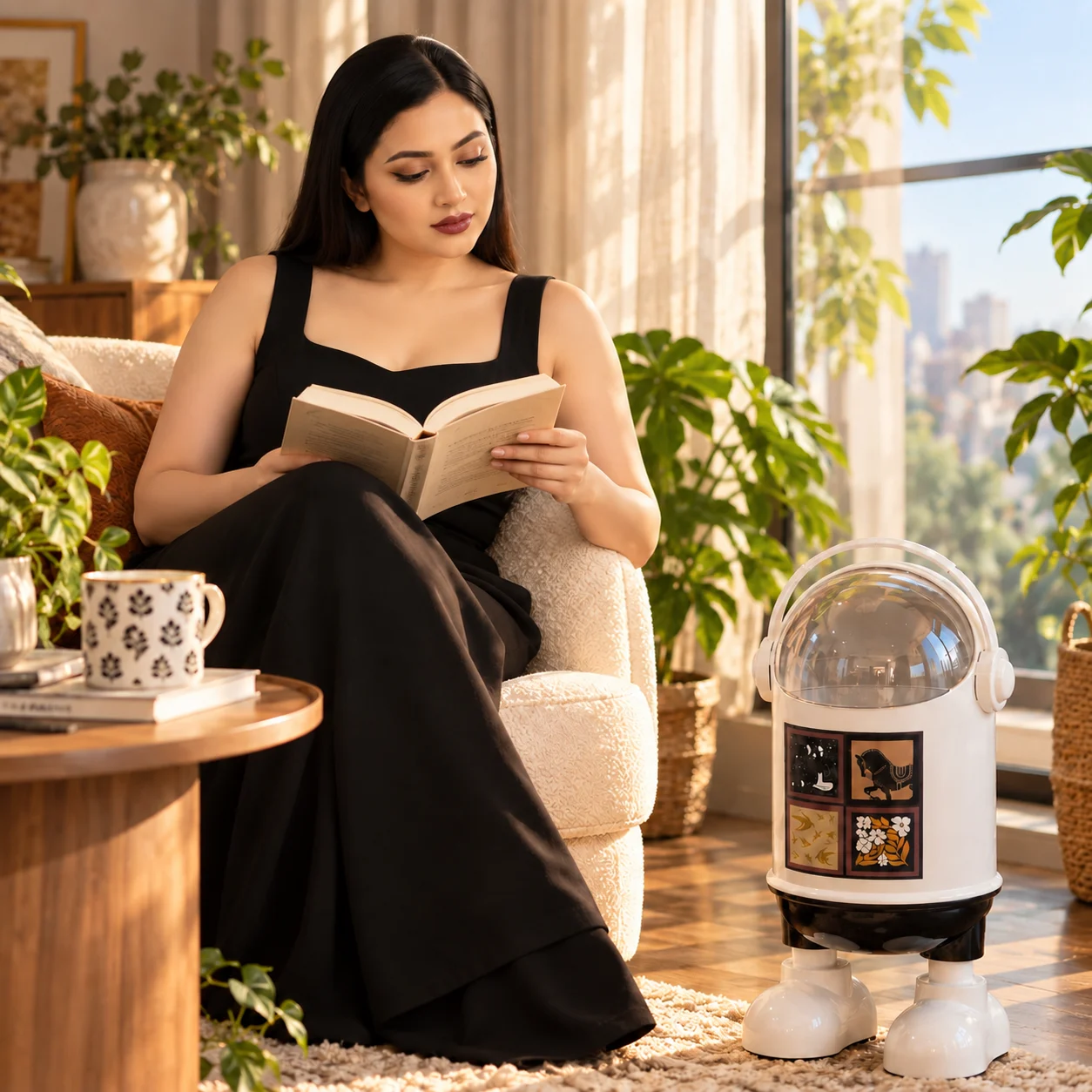 বই পড়ার সময় পাশে সাদা RoboBin