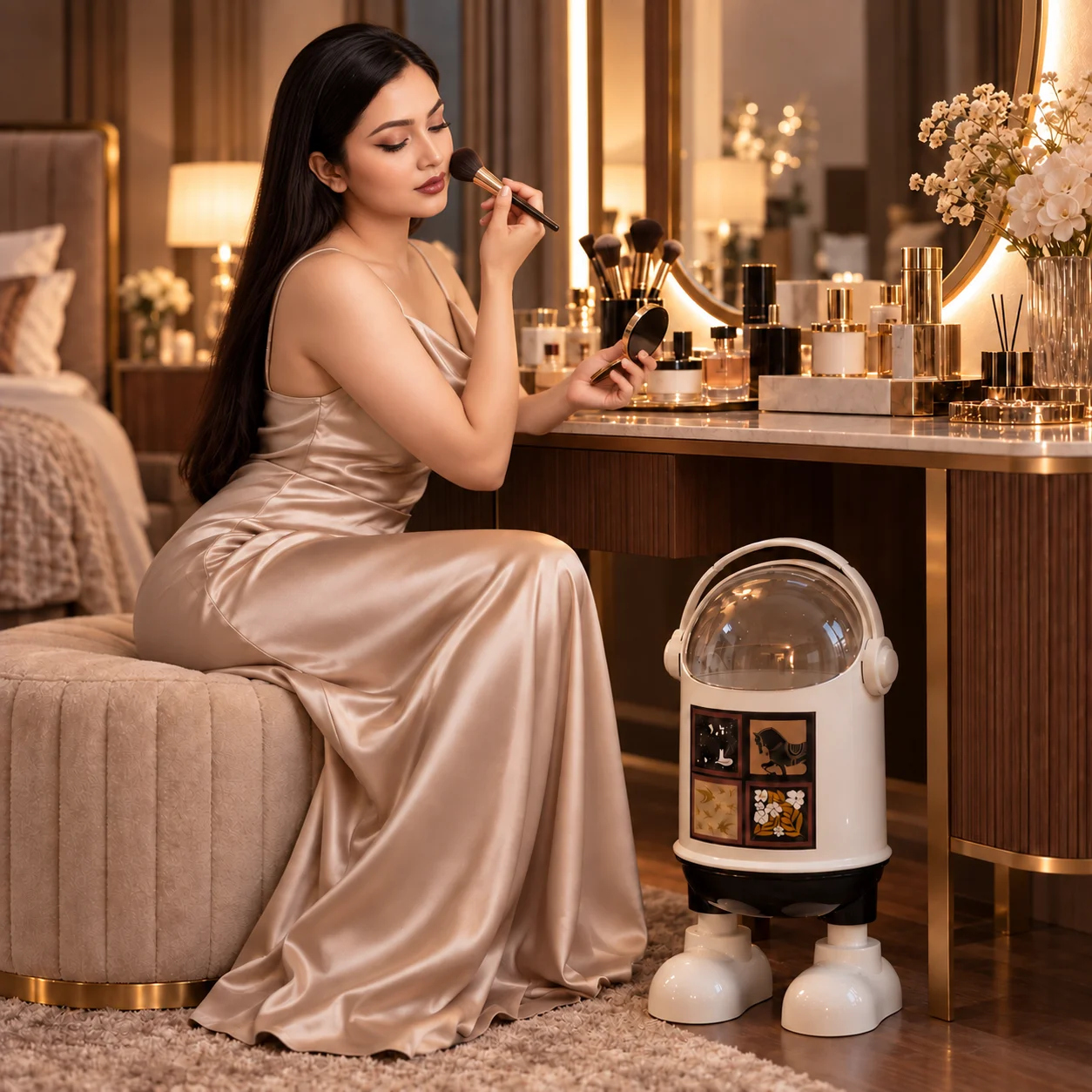 ড্রেসিং টেবিলের পাশে সাদা RoboBin