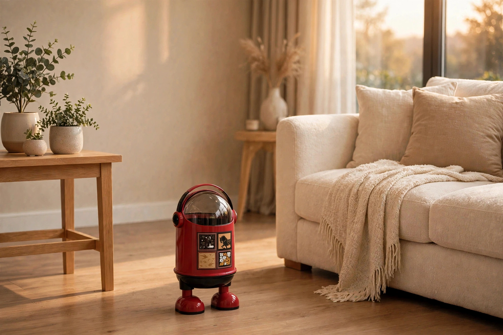 ড্রয়িংরুমে লাল RoboBin ডিজাইনার ডাস্টবিন